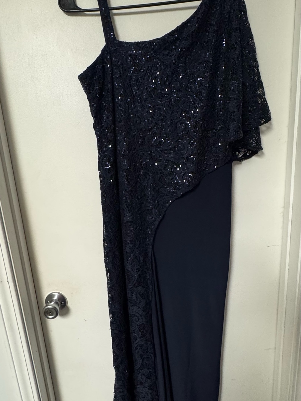 R&M Richards Navy One-Shoulder Sequin Lace jumpsuit Gown